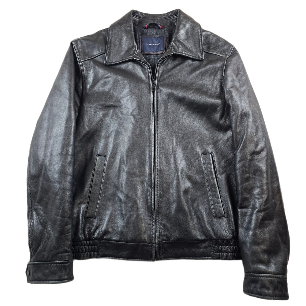 Vintage Tommy Hilfiger Leather Jacket Mens Medium Black Wool Lining Bomber
